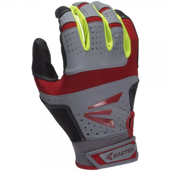 Easton HS9 Adult Batting Glove - Gray Red Neon Yellow Batting Gloves 3 Easton HS9 Adult Batting Glove - Gray Red Neon Yellow Batting Gloves